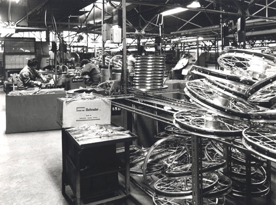 The wheels were assembled on the first floor by female personnel