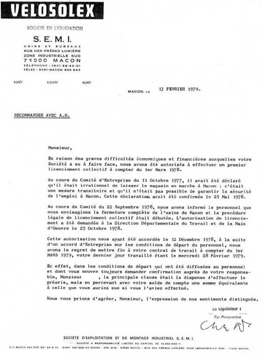 Fermeture usine VeloSoleX Mâcon mars 1979